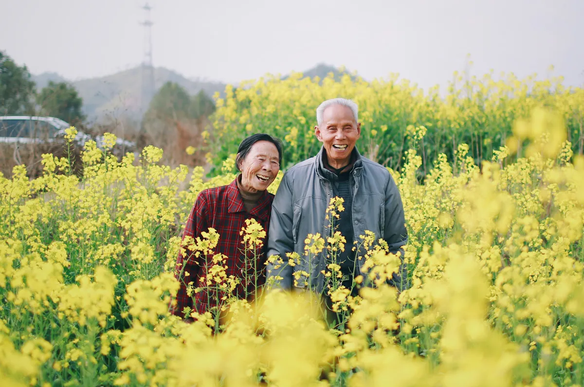 Couple de personnes &acirc;g&eacute;es riant ensemble dans un champ de fleurs